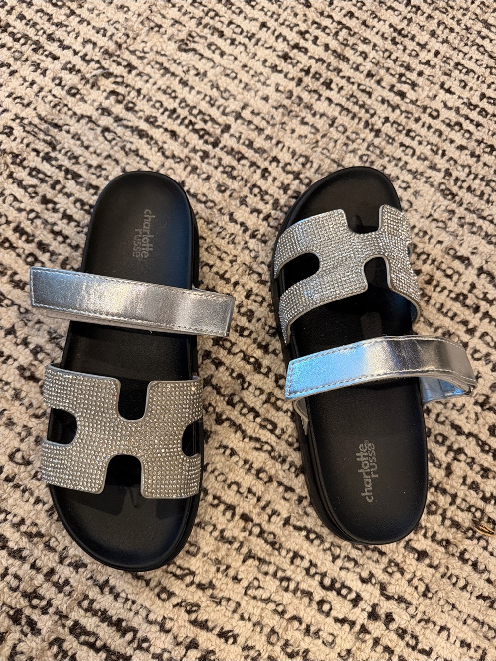 Silver Metallic Rhinestone Slide Sandals - Picture 2 of 6